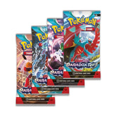 Three packs of Pokémon trading cards with colorful designs on a white background